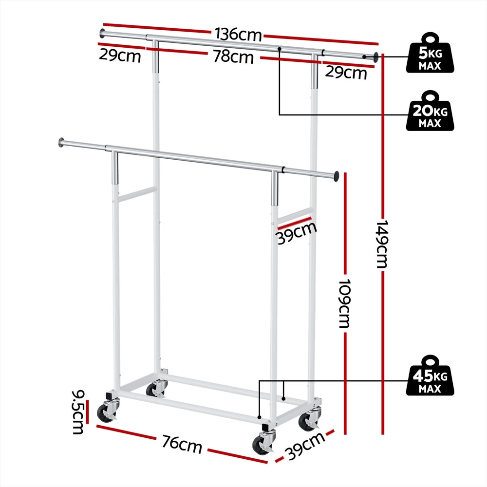 Artiss Double Rod Clothes Rack Adjustable Coat Stand Silver/White