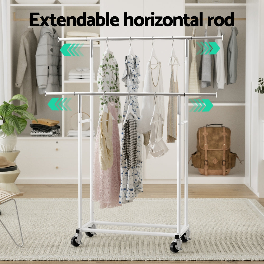 Artiss Double Rod Clothes Rack Adjustable Coat Stand Silver/White