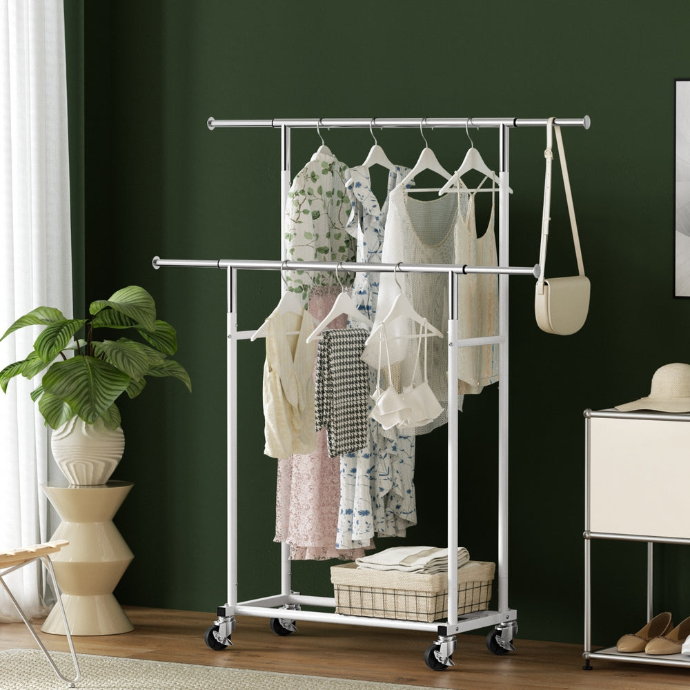 Artiss Double Rod Clothes Rack Adjustable Coat Stand Silver/White