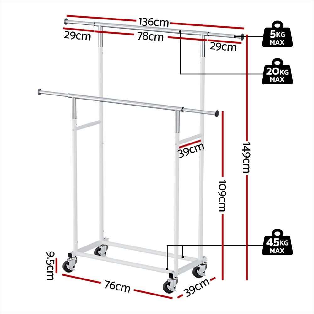 Artiss 2X Clothes Rack Double Rod Airer Rail Coat Stand Adjustable Hanger