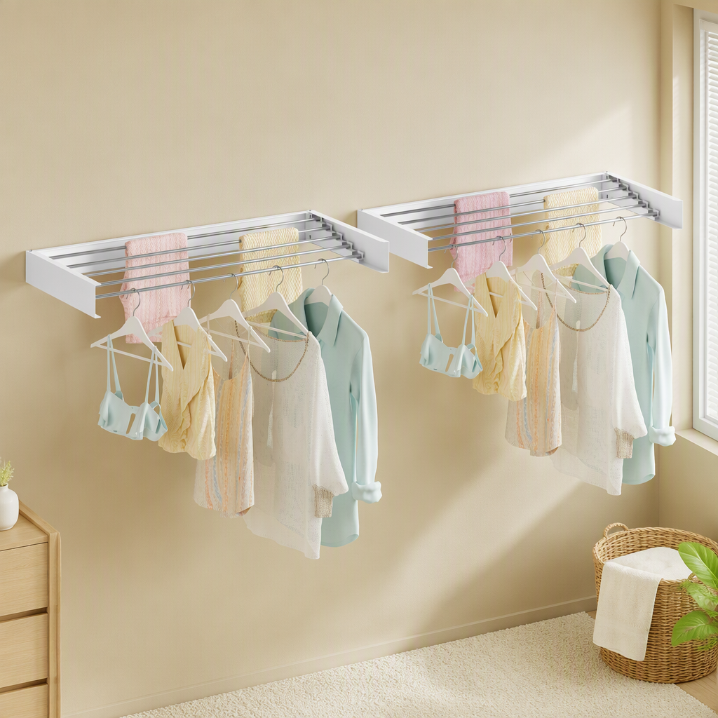 Artiss Set of 2 Clothes Rack Wall Mounted Airer Foldable White