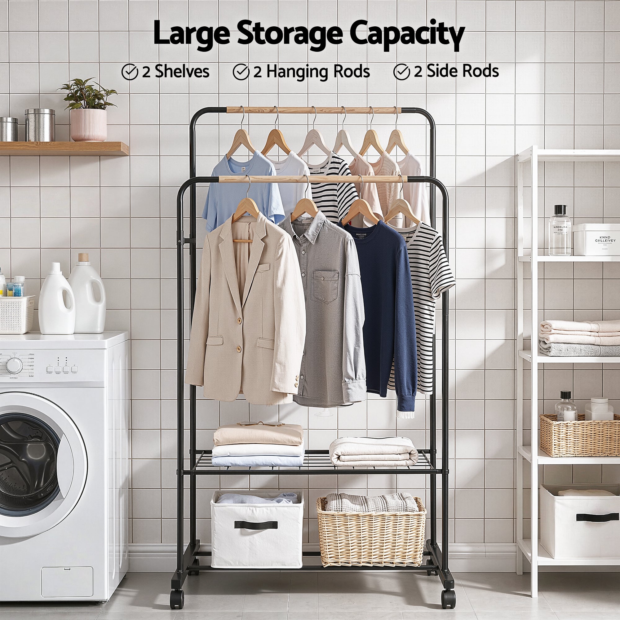 Artiss Clothes Rack Double Rod Airer Rail Coat Stand Hanger Storage Shelf