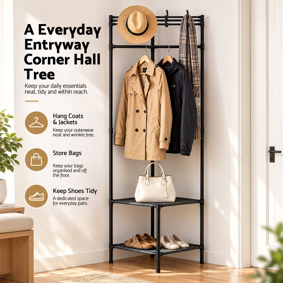 Artiss Corner Coat Rack 181cm Freestanding Garment Organiser Black