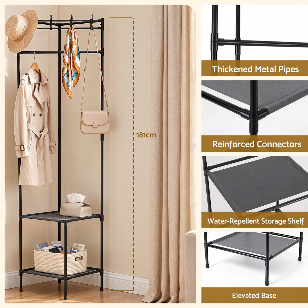 Artiss Corner Coat Rack 181cm Freestanding Garment Organiser Black