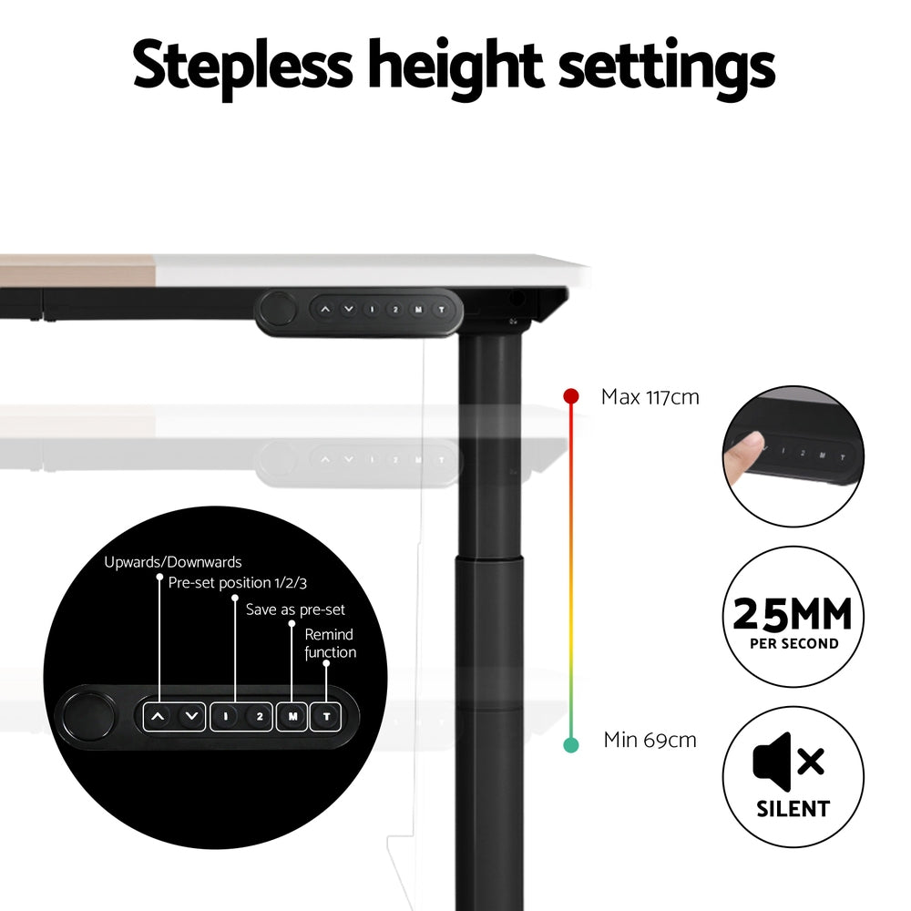Artiss 140cm Motorised Standing Desk Dual Motor Black Frame White/Pine Desktop