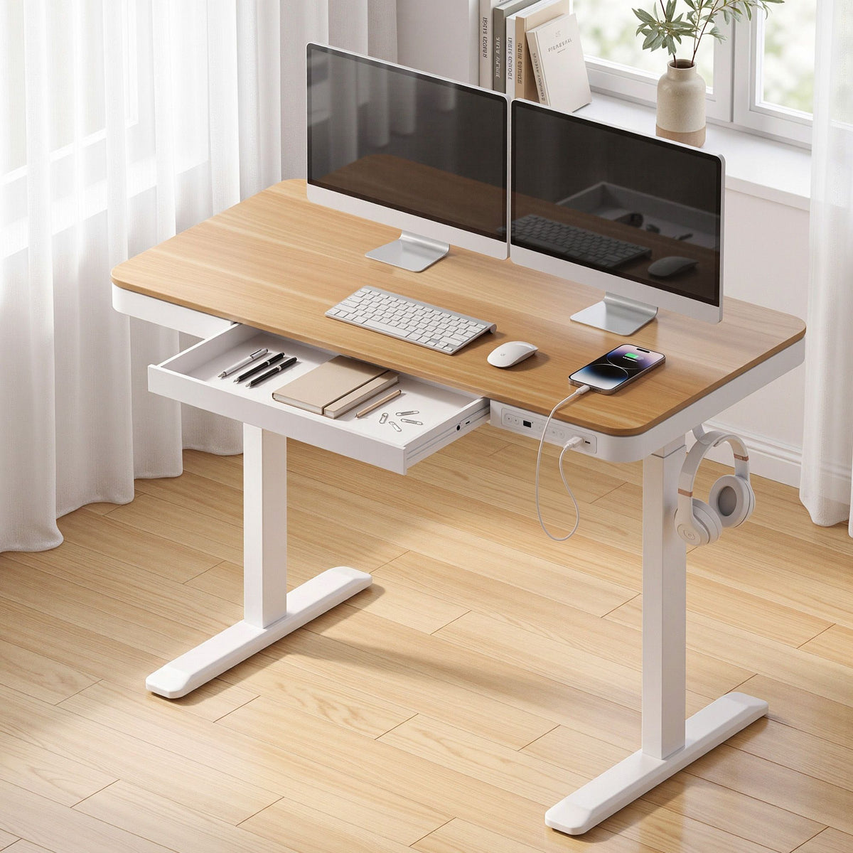 Artiss Motorised Standing Desk with Storage Drawer 120cm Wood White