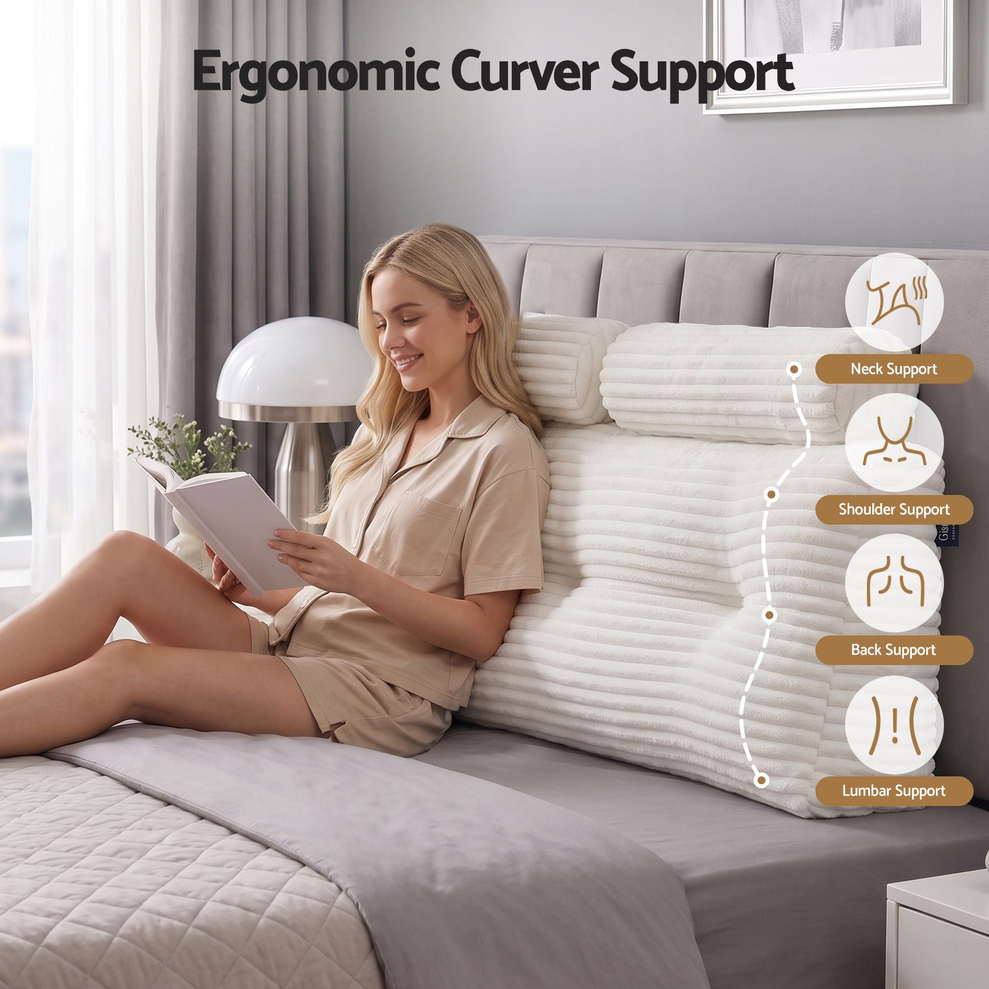 Giselle wedge pillow headboard with non-flattening shredded foam core, perfect for dorm reading or sofa lap desk, 330g corduroy cover, side pockets, Double