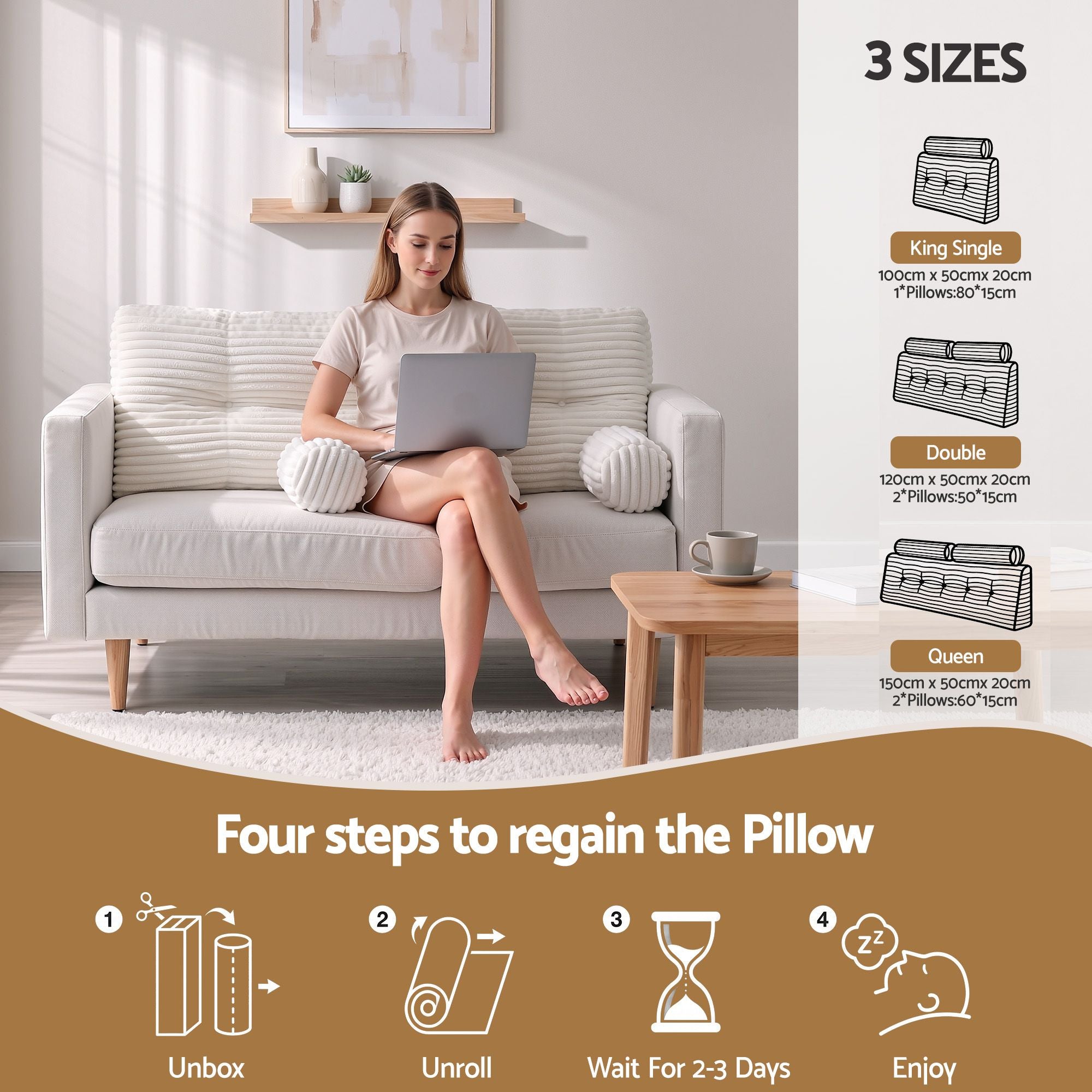 Giselle wedge pillow headboard with non-flattening shredded foam core, perfect for dorm reading or sofa lap desk, 330g corduroy cover, side pockets, Double
