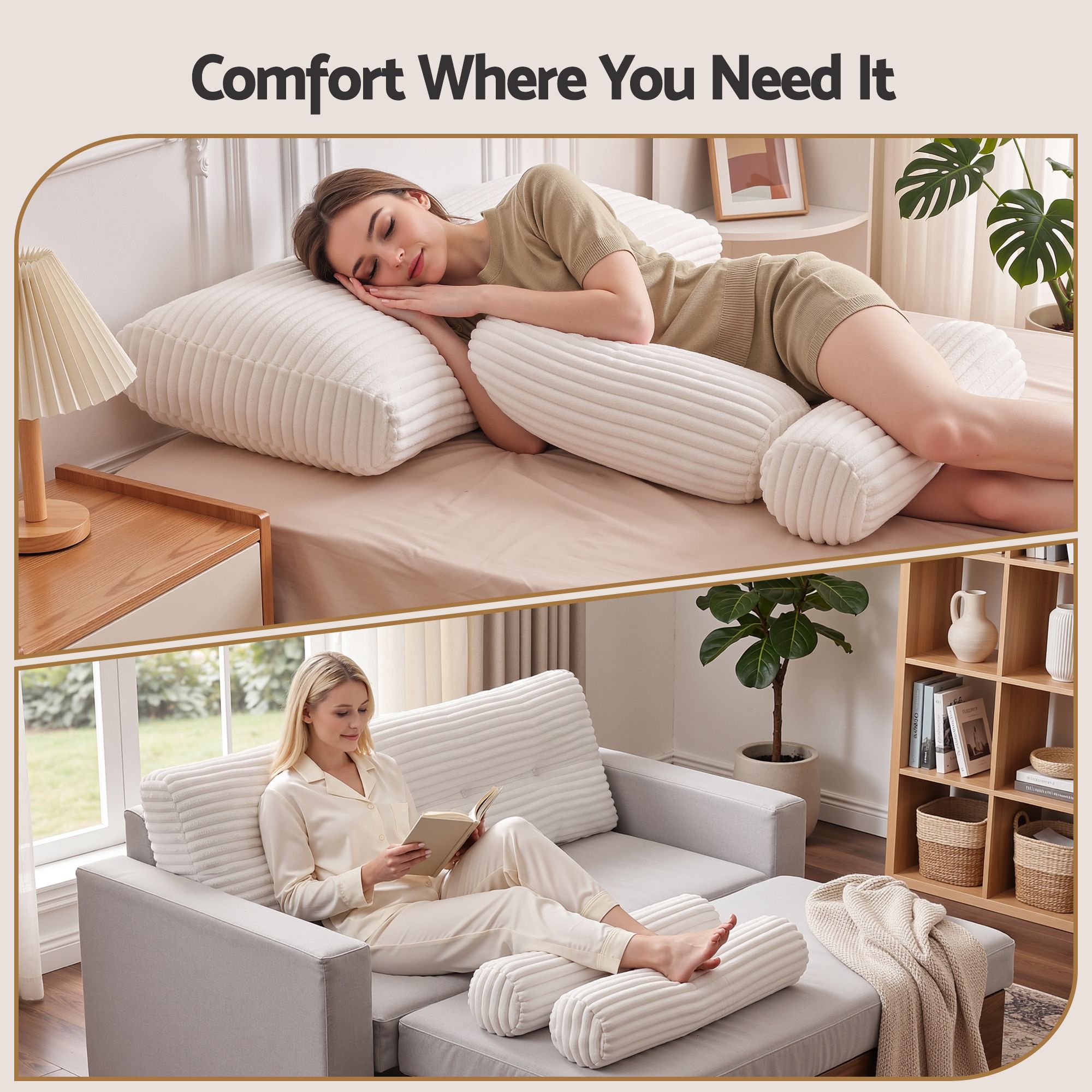 Giselle wedge pillow headboard with non-flattening shredded foam core, perfect for dorm reading or sofa lap desk, 330g corduroy cover, side pockets, Double