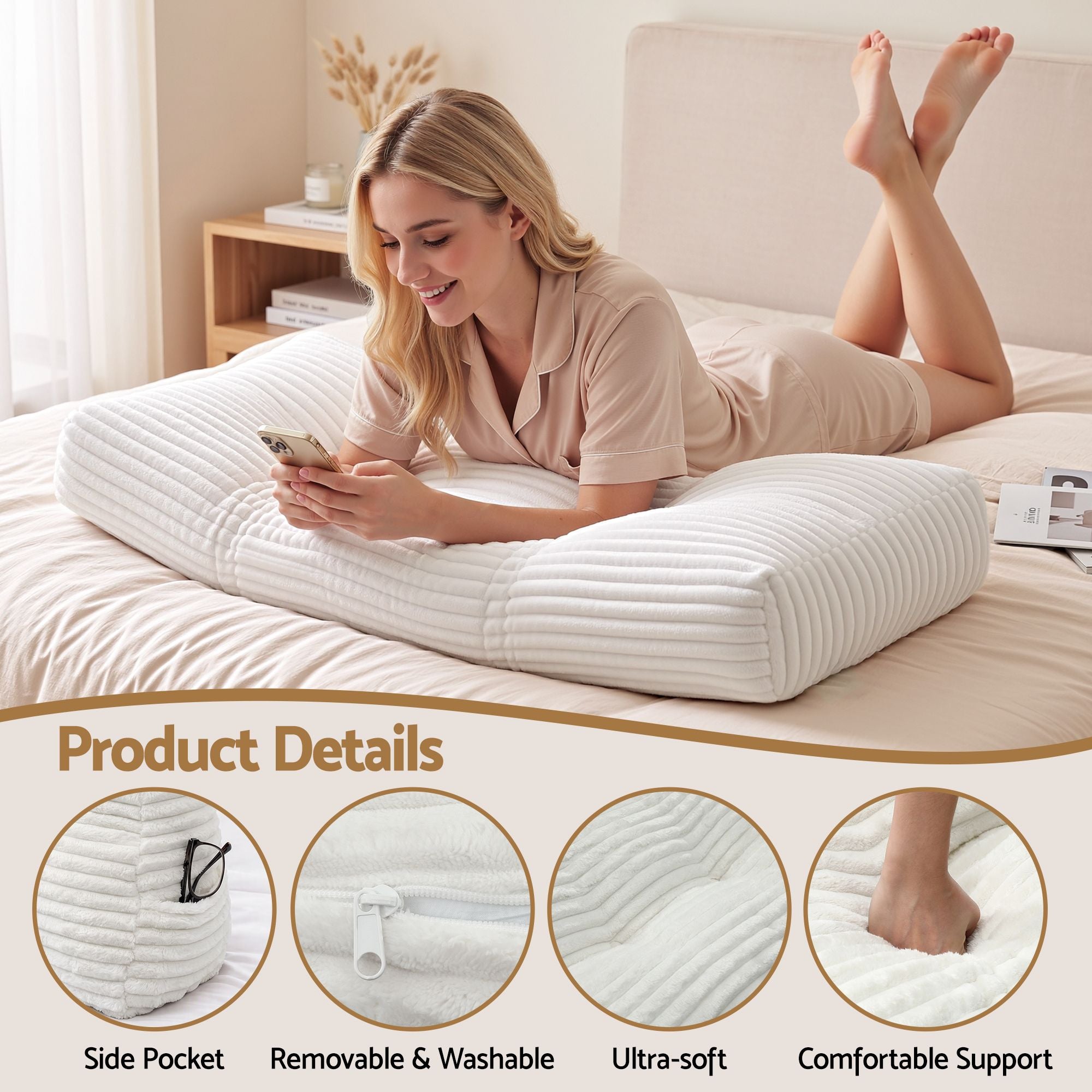 Giselle wedge pillow headboard with non-flattening shredded foam core, perfect for dorm reading or sofa lap desk, 330g corduroy cover, side pockets, King Single