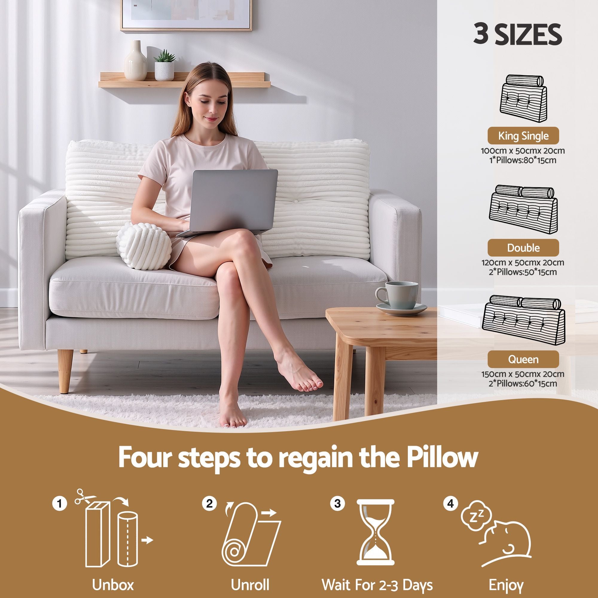 Giselle wedge pillow headboard with non-flattening shredded foam core, perfect for dorm reading or sofa lap desk, 330g corduroy cover, side pockets, King Single