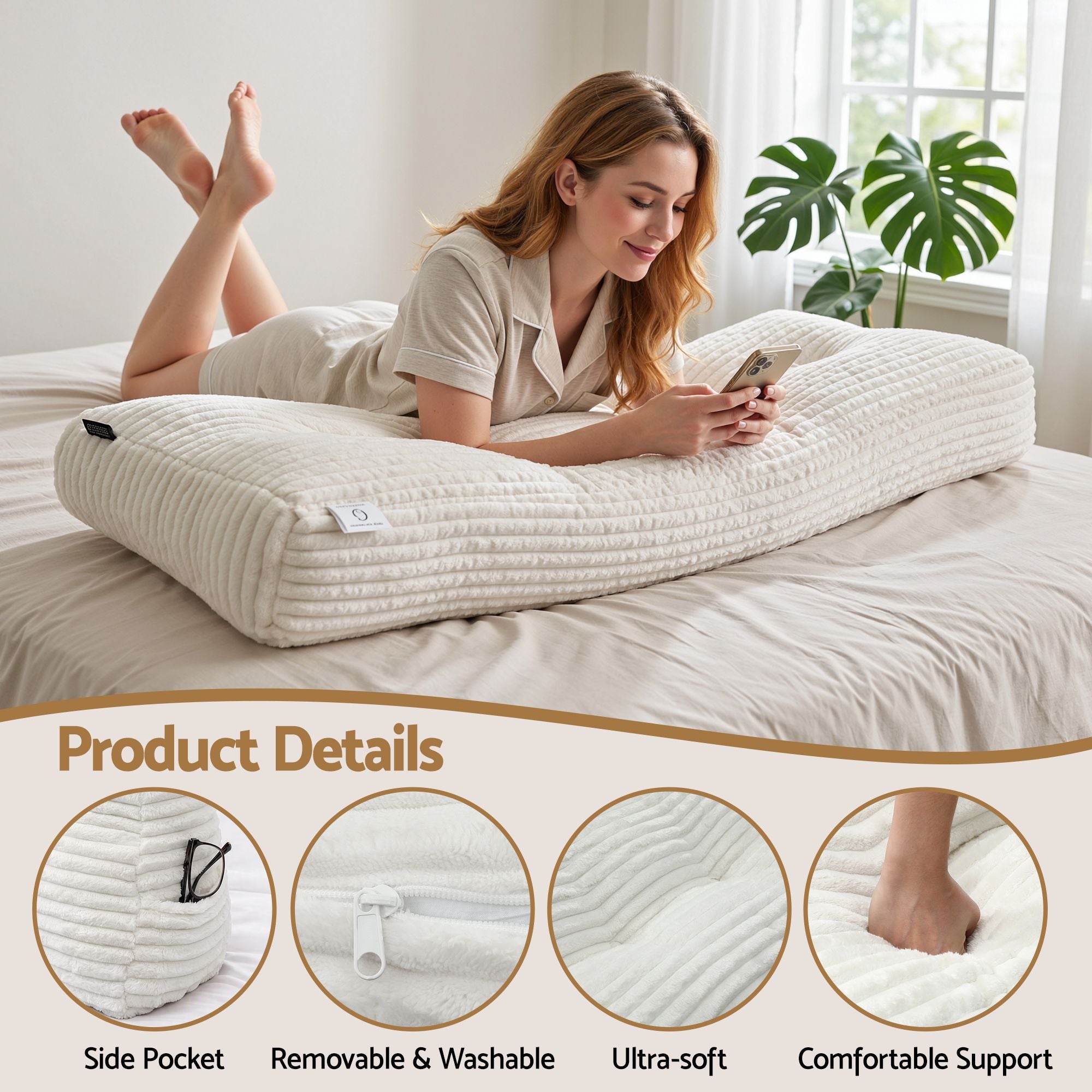 Giselle wedge pillow headboard with non-flattening shredded foam core, perfect for dorm reading or sofa lap desk, 330g corduroy cover, side pockets, Queen