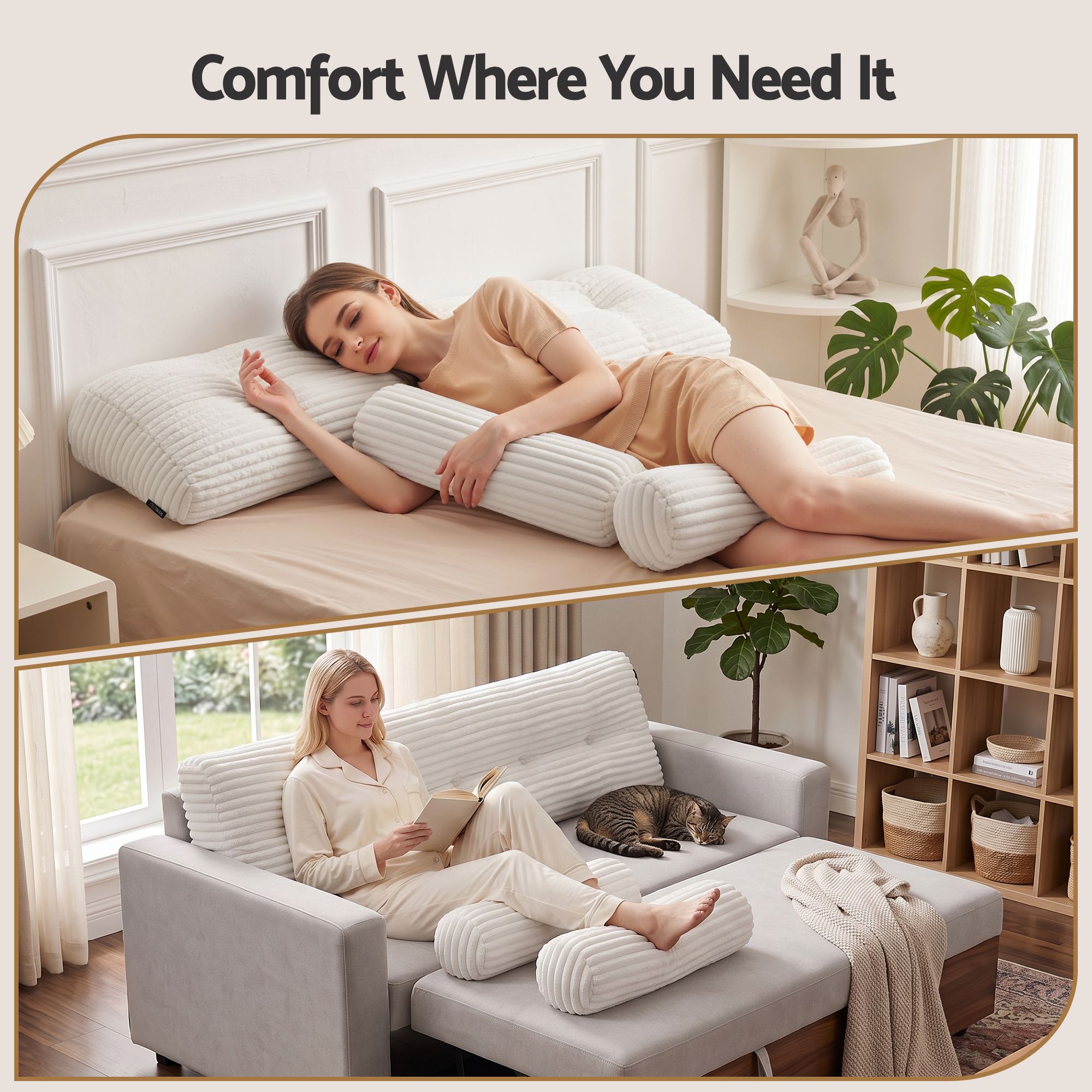 Giselle wedge pillow headboard with non-flattening shredded foam core, perfect for dorm reading or sofa lap desk, 330g corduroy cover, side pockets, Queen