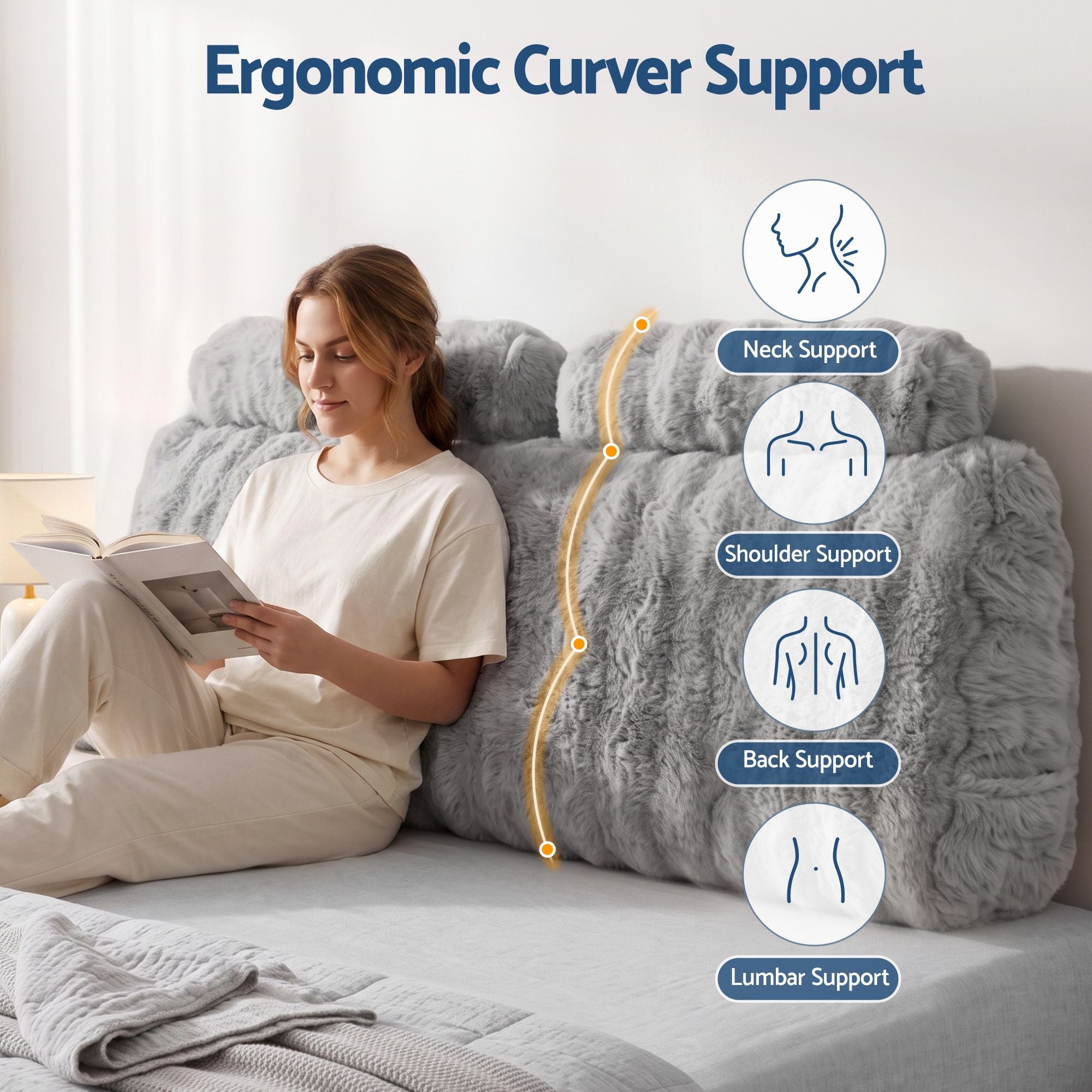 Giselle Wedge Pillow Headboard, Easy Wash Zipper Cover & Anti-Flat Foam, Couch Lumbar Support for Dorm Readers, 340g Faux Rabbit Fur with Dual Pockets, Double