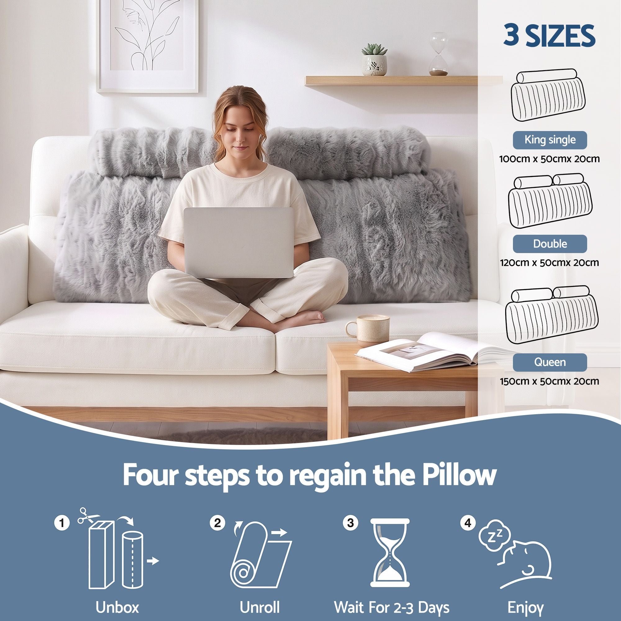 Giselle Wedge Pillow Headboard, Easy Wash Zipper Cover & Anti-Flat Foam, Couch Lumbar Support for Dorm Readers, 340g Faux Rabbit Fur with Dual Pockets, Double