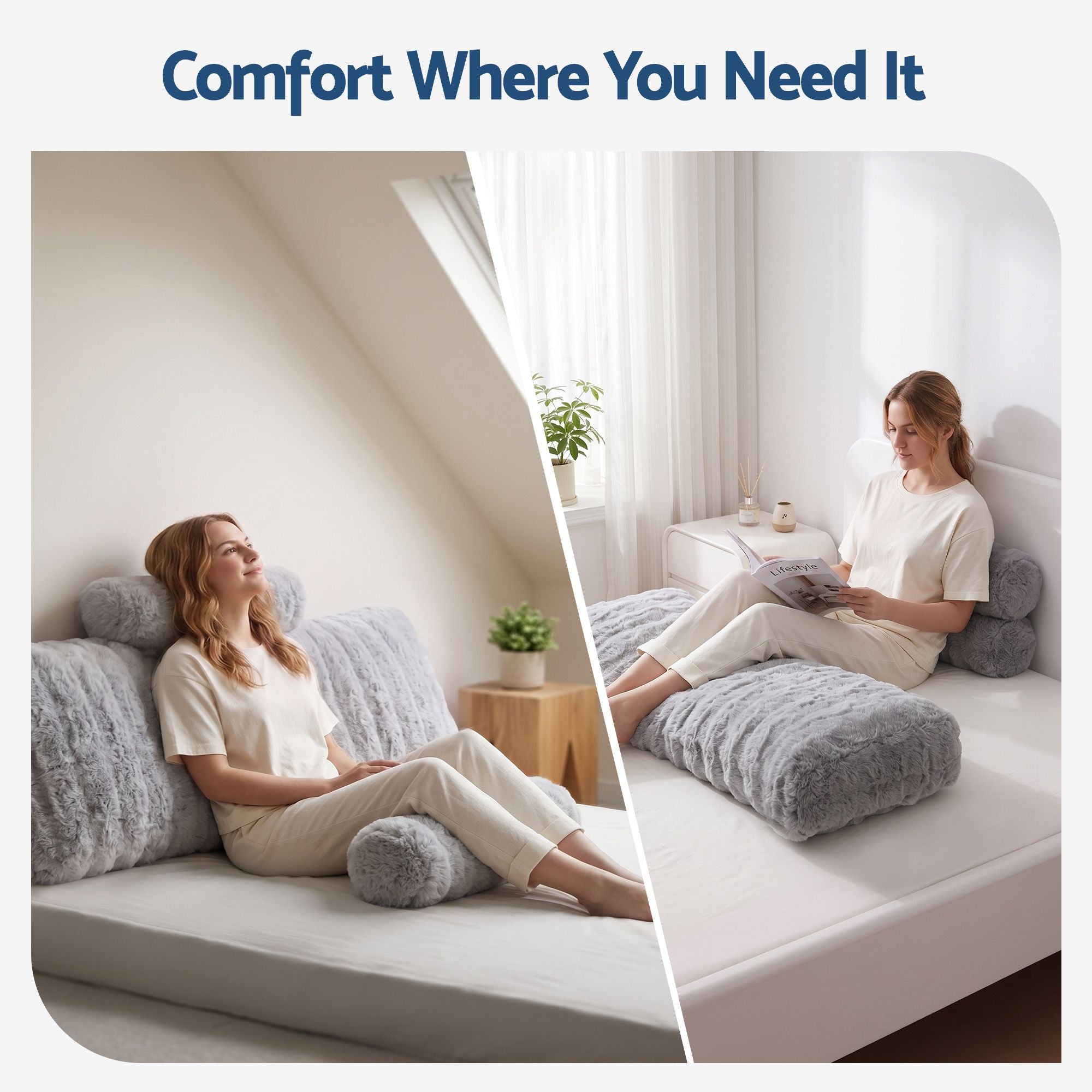 Giselle Wedge Pillow Headboard, Easy Wash Zipper Cover & Anti-Flat Foam, Couch Lumbar Support for Dorm Readers, 340g Faux Rabbit Fur with Dual Pockets, Double