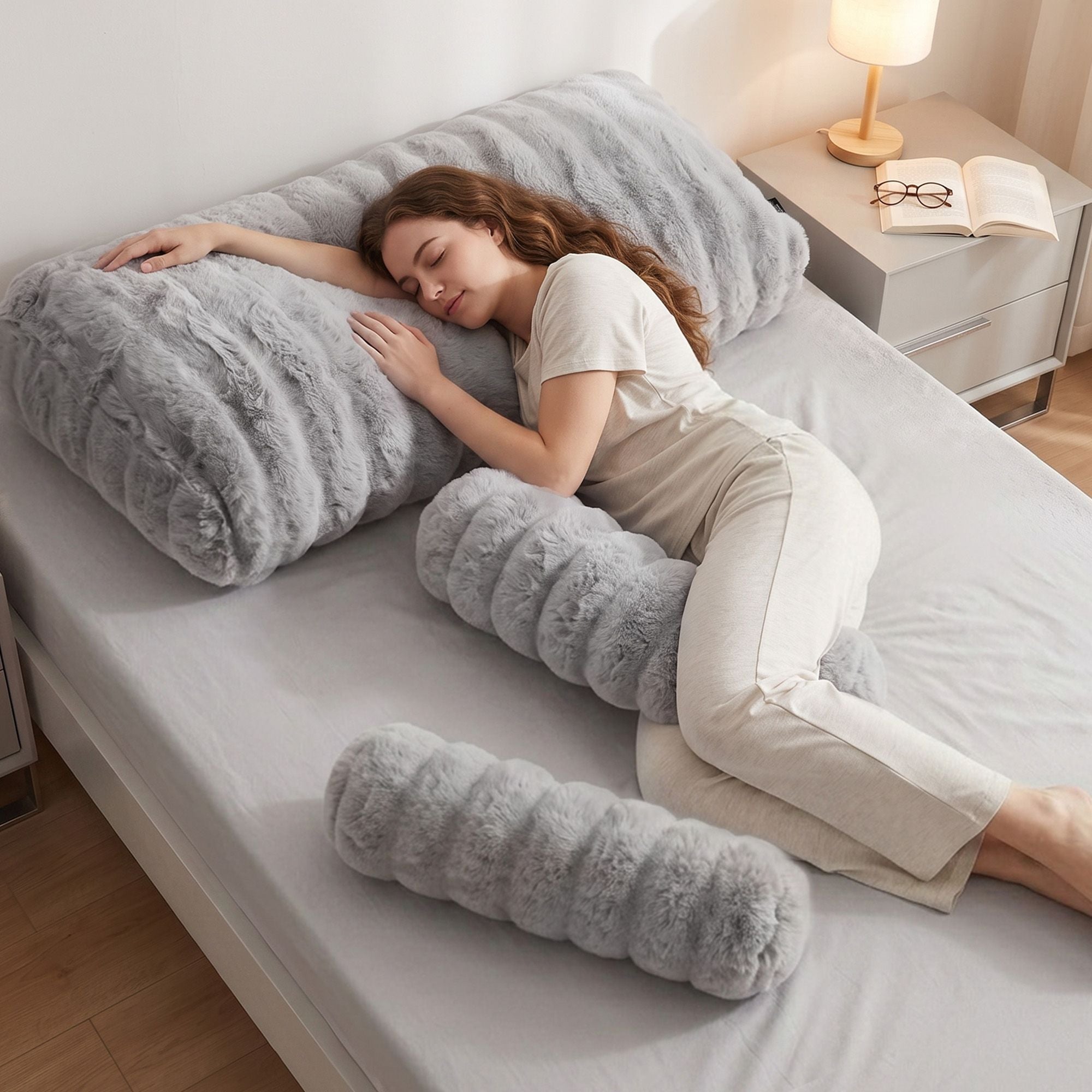 Giselle Wedge Pillow Headboard, Easy Wash Zipper Cover & Anti-Flat Foam, Couch Lumbar Support for Dorm Readers, 340g Faux Rabbit Fur with Dual Pockets, Double