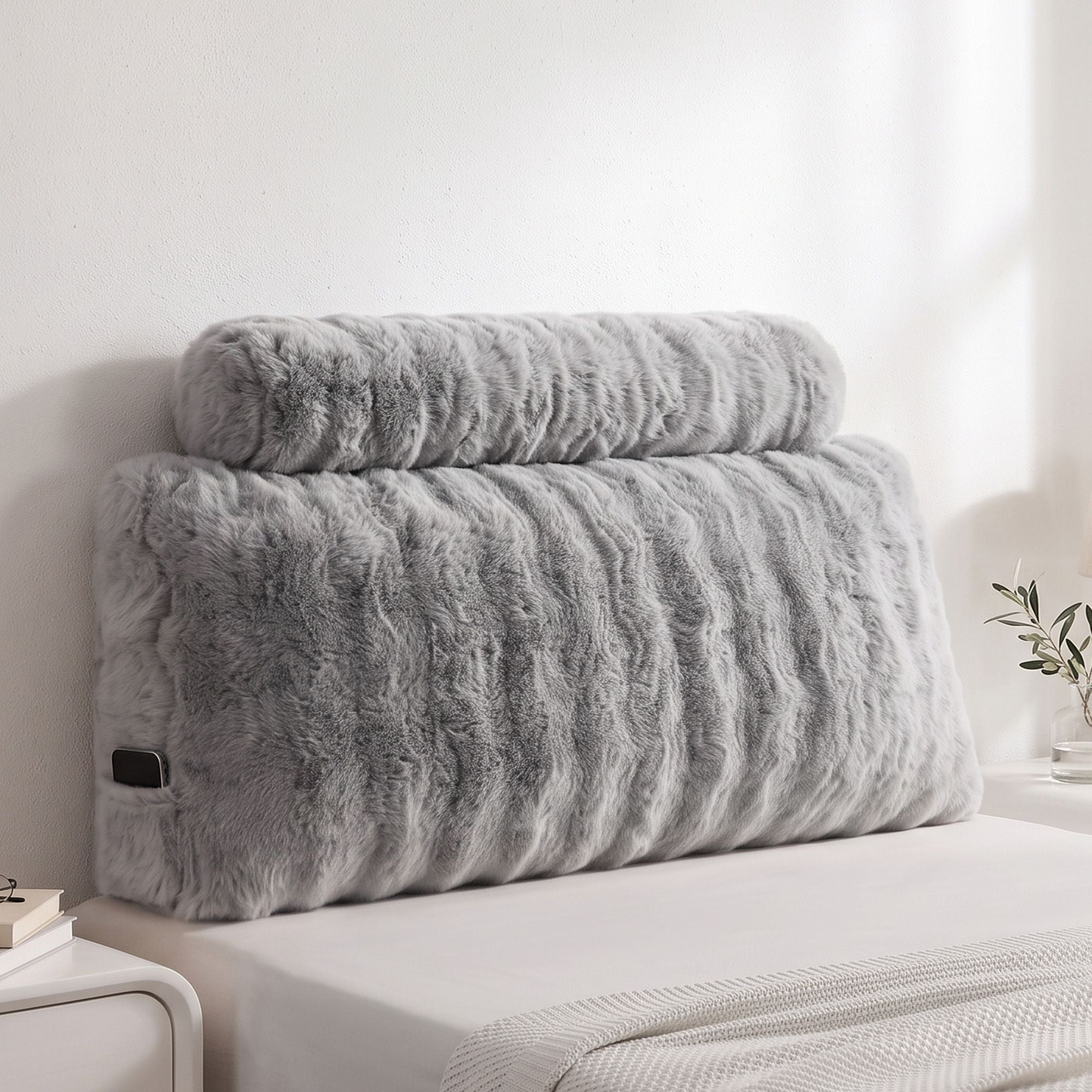 Giselle Wedge Pillow Headboard, Easy Wash Zipper Cover & Anti-Flat Foam, Couch Lumbar Support for Dorm Readers, 340g Faux Rabbit Fur with Dual Pockets, King Single