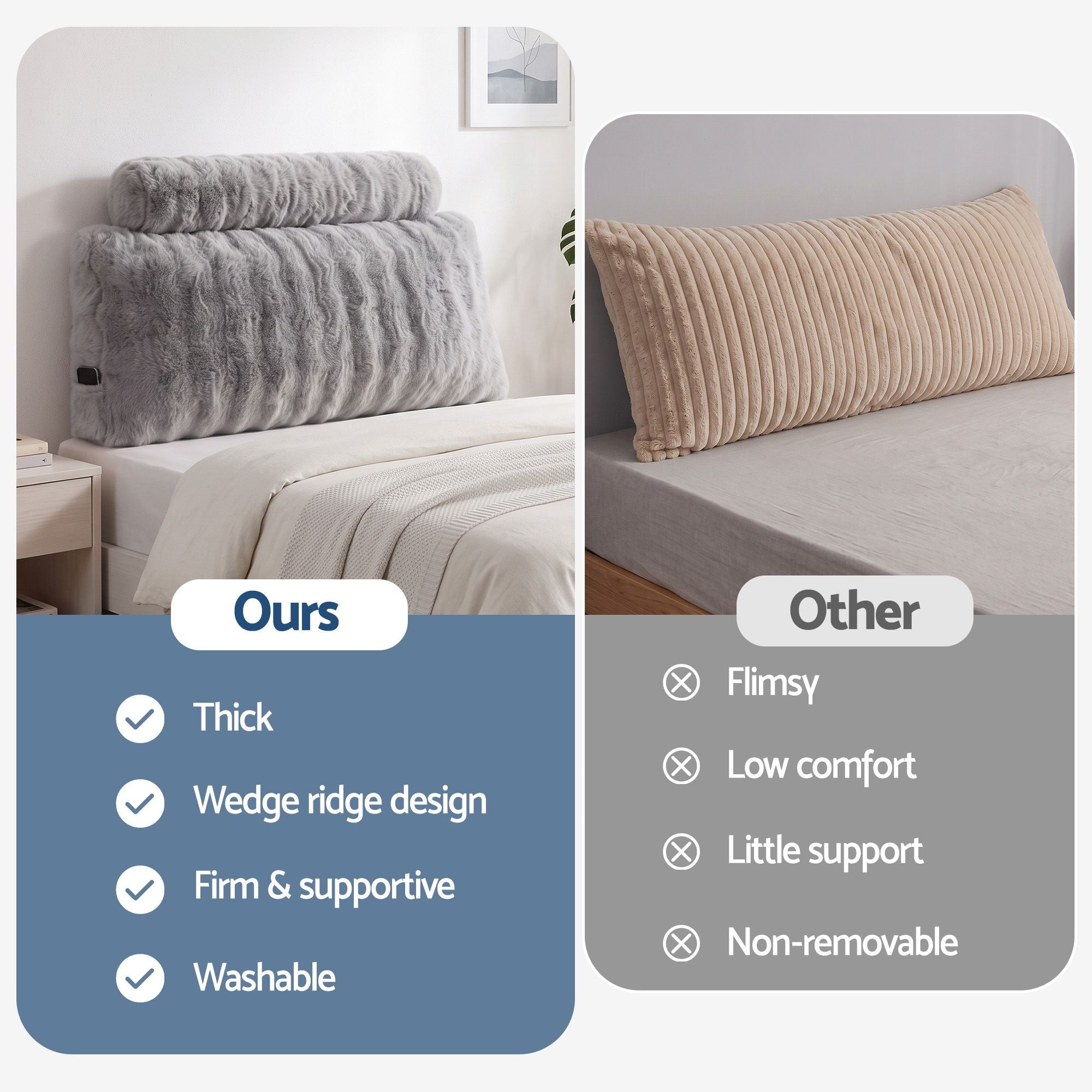 Giselle Wedge Pillow Headboard, Easy Wash Zipper Cover & Anti-Flat Foam, Couch Lumbar Support for Dorm Readers, 340g Faux Rabbit Fur with Dual Pockets, King Single