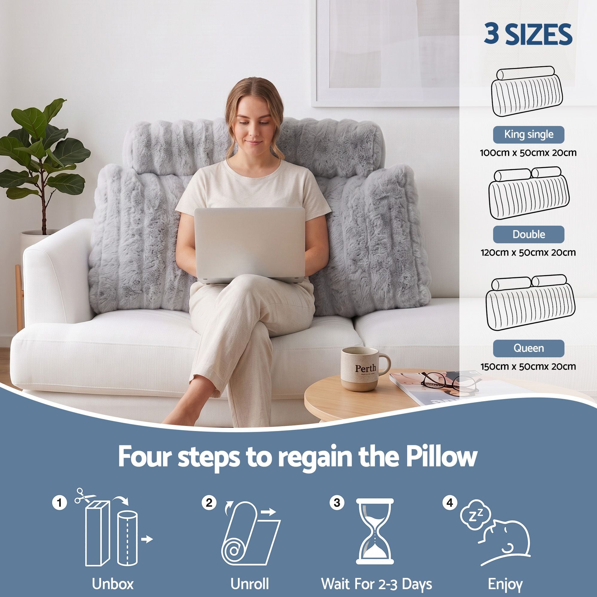 Giselle Wedge Pillow Headboard, Easy Wash Zipper Cover & Anti-Flat Foam, Couch Lumbar Support for Dorm Readers, 340g Faux Rabbit Fur with Dual Pockets, King Single