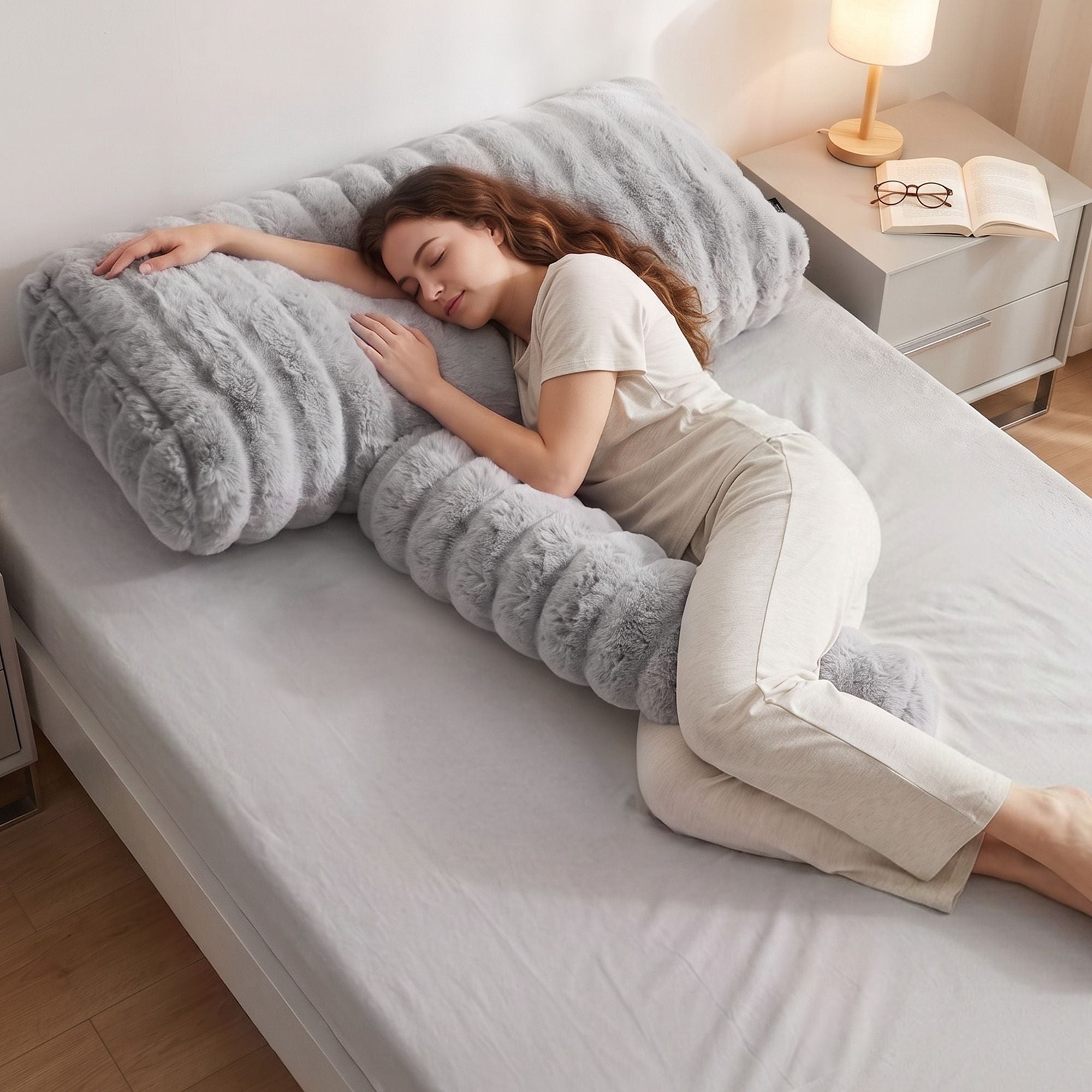 Giselle Wedge Pillow Headboard, Easy Wash Zipper Cover & Anti-Flat Foam, Couch Lumbar Support for Dorm Readers, 340g Faux Rabbit Fur with Dual Pockets, King Single