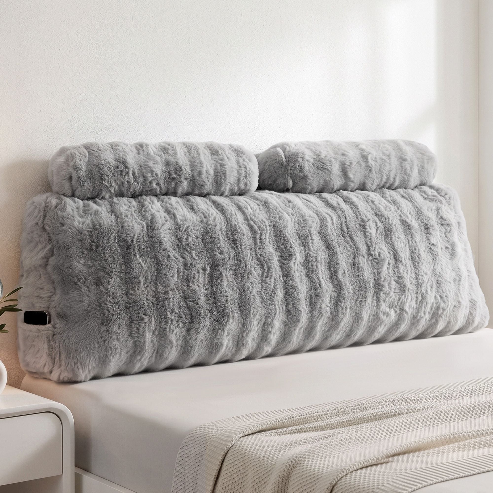 Giselle Wedge Pillow Headboard, Easy Wash Zipper Cover & Anti-Flat Foam, Couch Lumbar Support for Dorm Readers, 340g Faux Rabbit Fur with Dual Pockets, Queen
