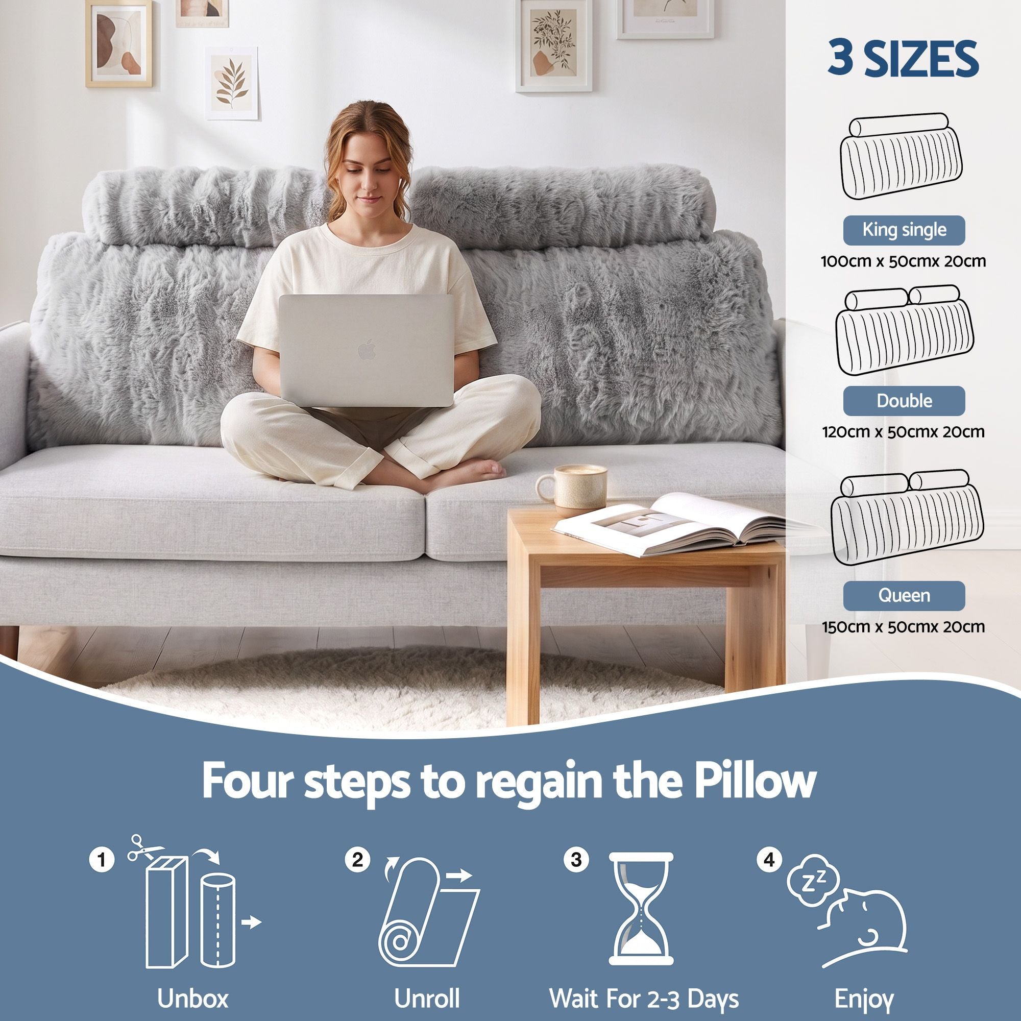 Giselle Wedge Pillow Headboard, Easy Wash Zipper Cover & Anti-Flat Foam, Couch Lumbar Support for Dorm Readers, 340g Faux Rabbit Fur with Dual Pockets, Queen