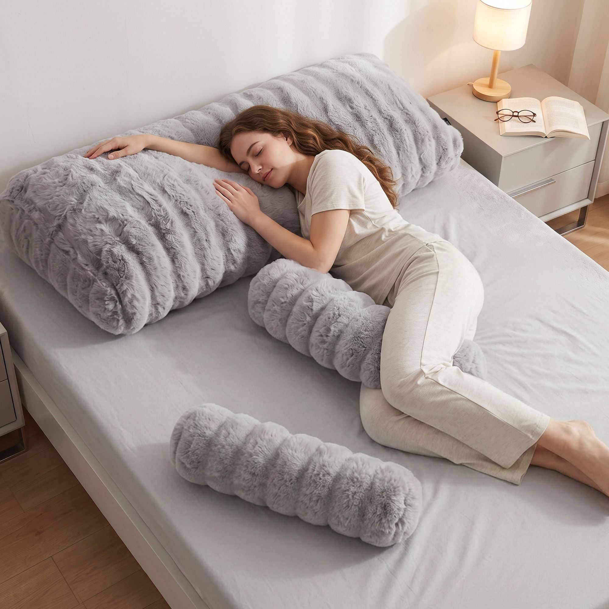Giselle Wedge Pillow Headboard, Easy Wash Zipper Cover & Anti-Flat Foam, Couch Lumbar Support for Dorm Readers, 340g Faux Rabbit Fur with Dual Pockets, Queen