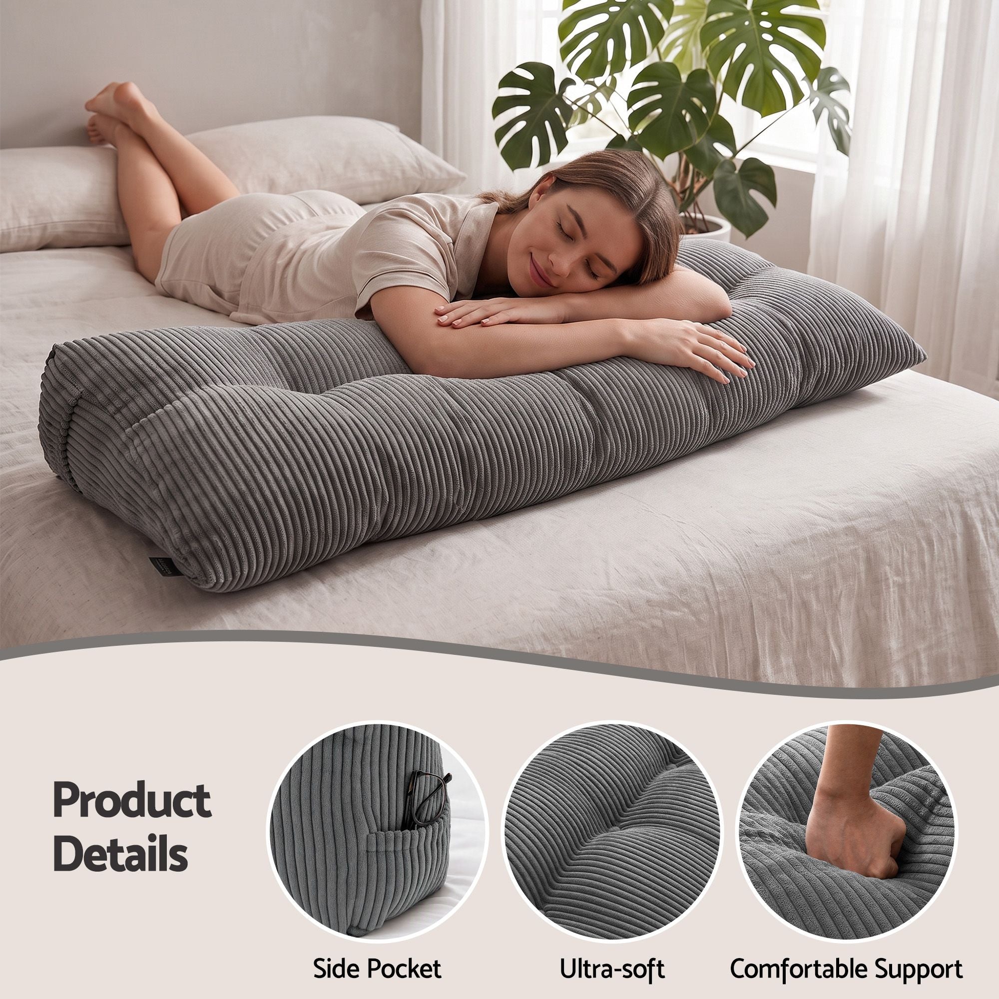 Giselle Headboard Pillow for Sitting in Bed, Upgraded Shredded Foam Reading Wedge Cushion for Lumbar Support, 320g Corduroy Backrest with Side Pockets for Dorm Daybed, Double