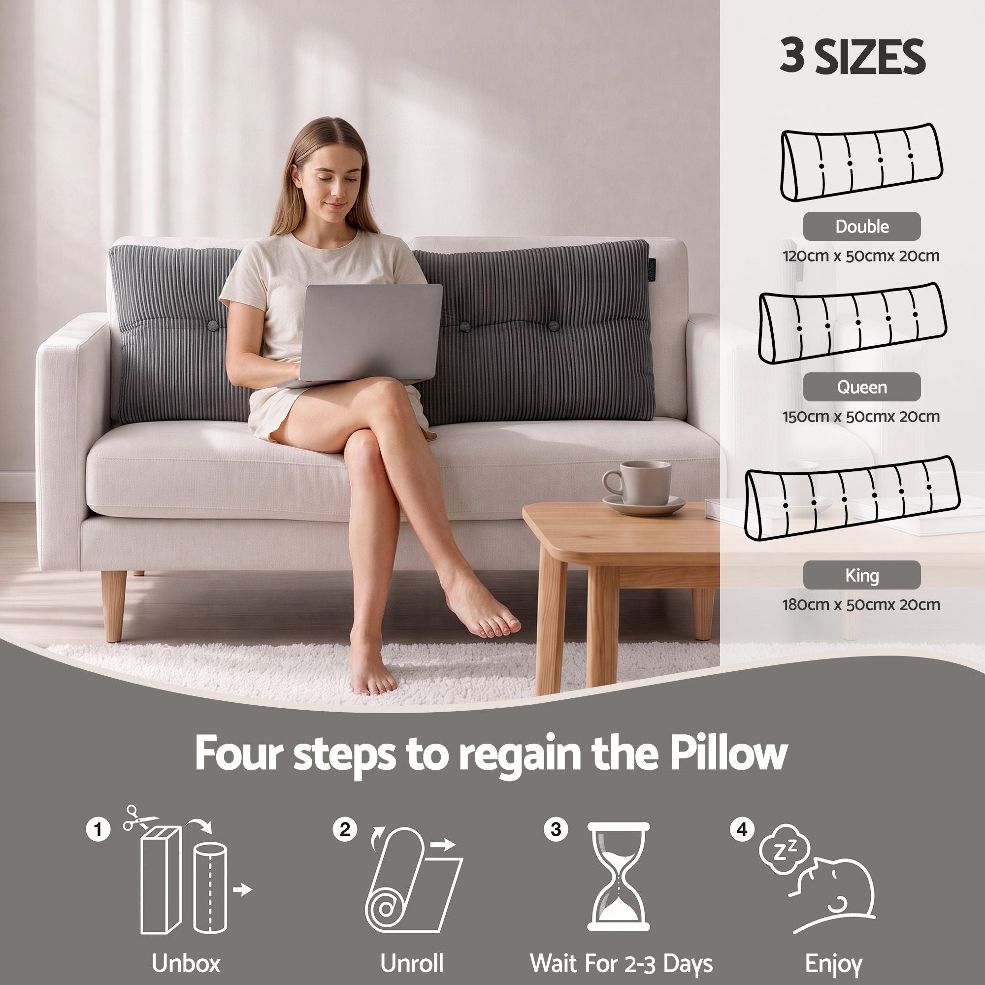 Giselle Headboard Pillow for Sitting in Bed, Upgraded Shredded Foam Reading Wedge Cushion for Lumbar Support, 320g Corduroy Backrest with Side Pockets for Dorm Daybed, Double