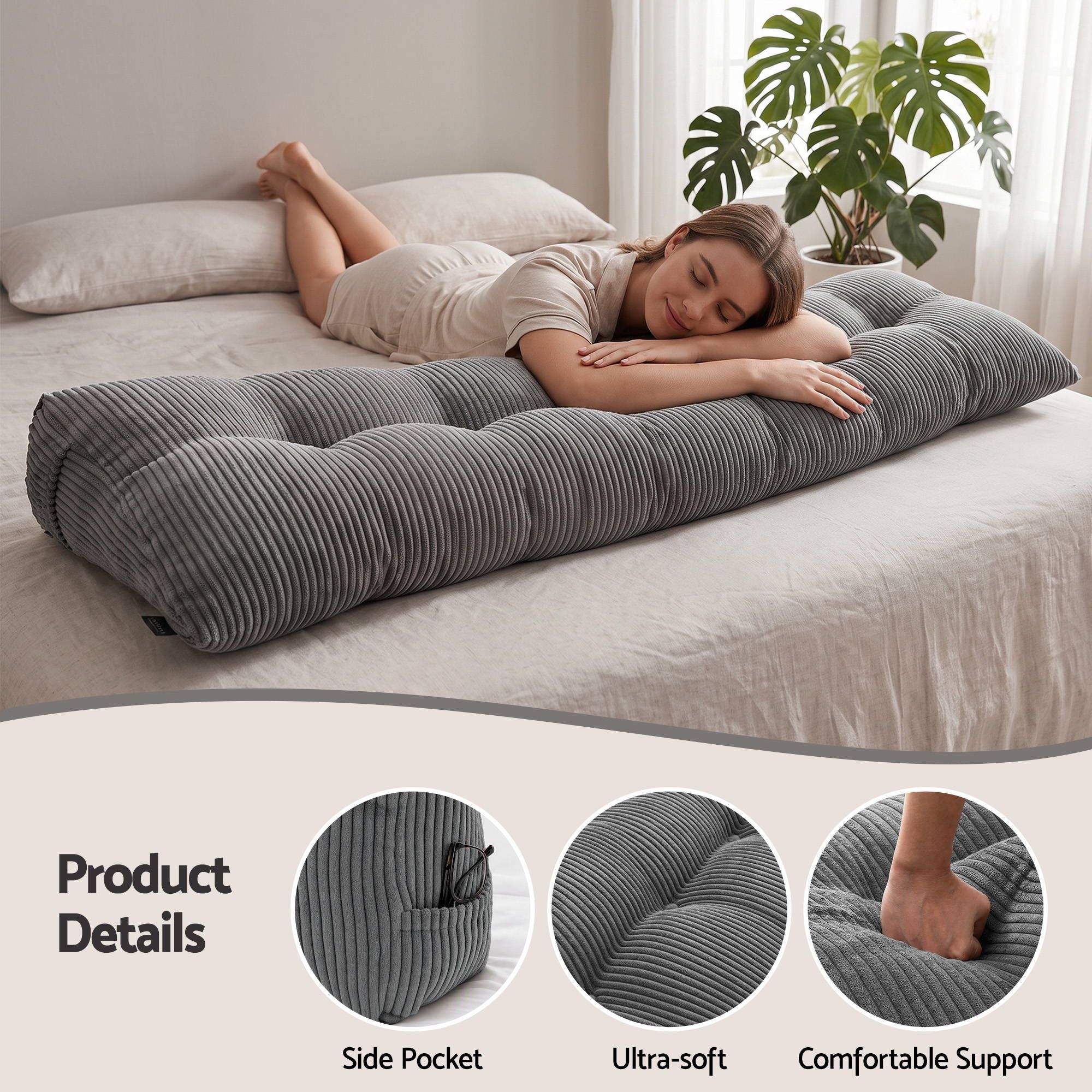 Giselle Headboard Pillow for Sitting in Bed, Upgraded Shredded Foam Reading Wedge Cushion for Lumbar Support, 320g Corduroy Backrest with Side Pockets for Dorm Daybed, King