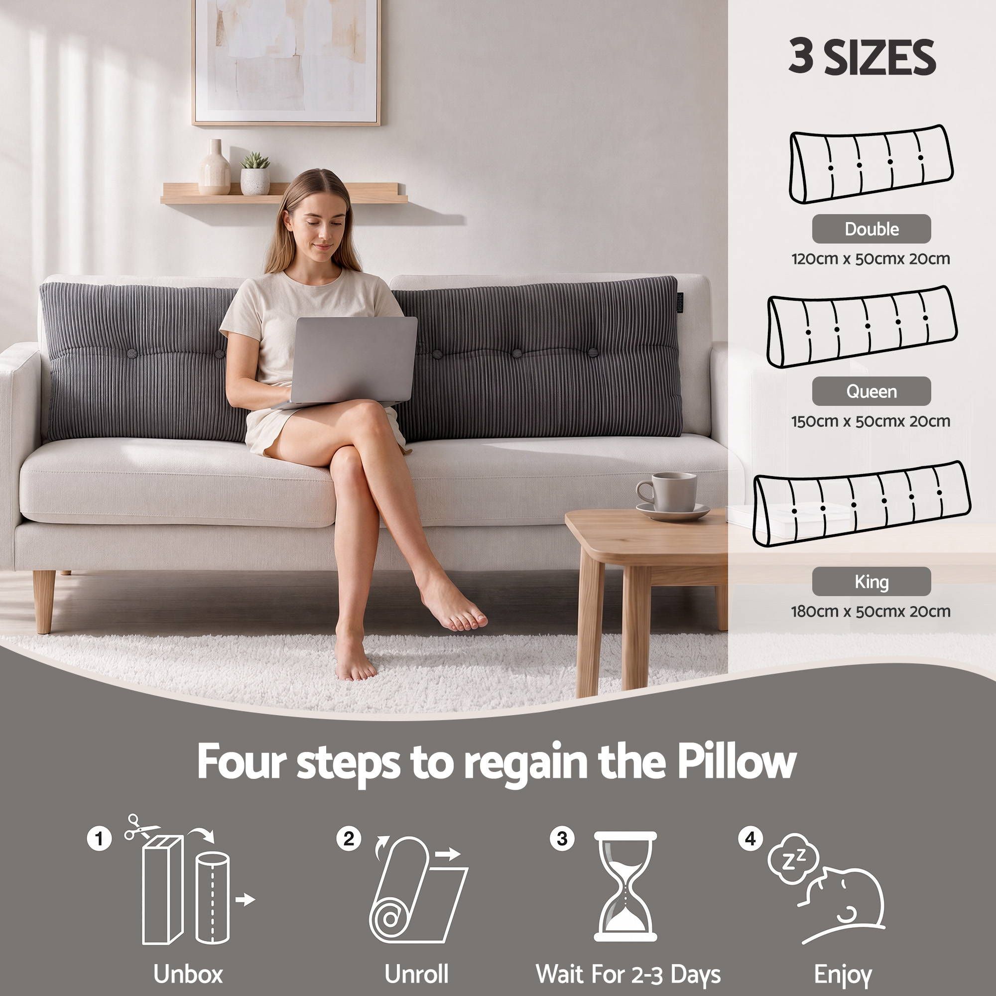 Giselle Headboard Pillow for Sitting in Bed, Upgraded Shredded Foam Reading Wedge Cushion for Lumbar Support, 320g Corduroy Backrest with Side Pockets for Dorm Daybed, King