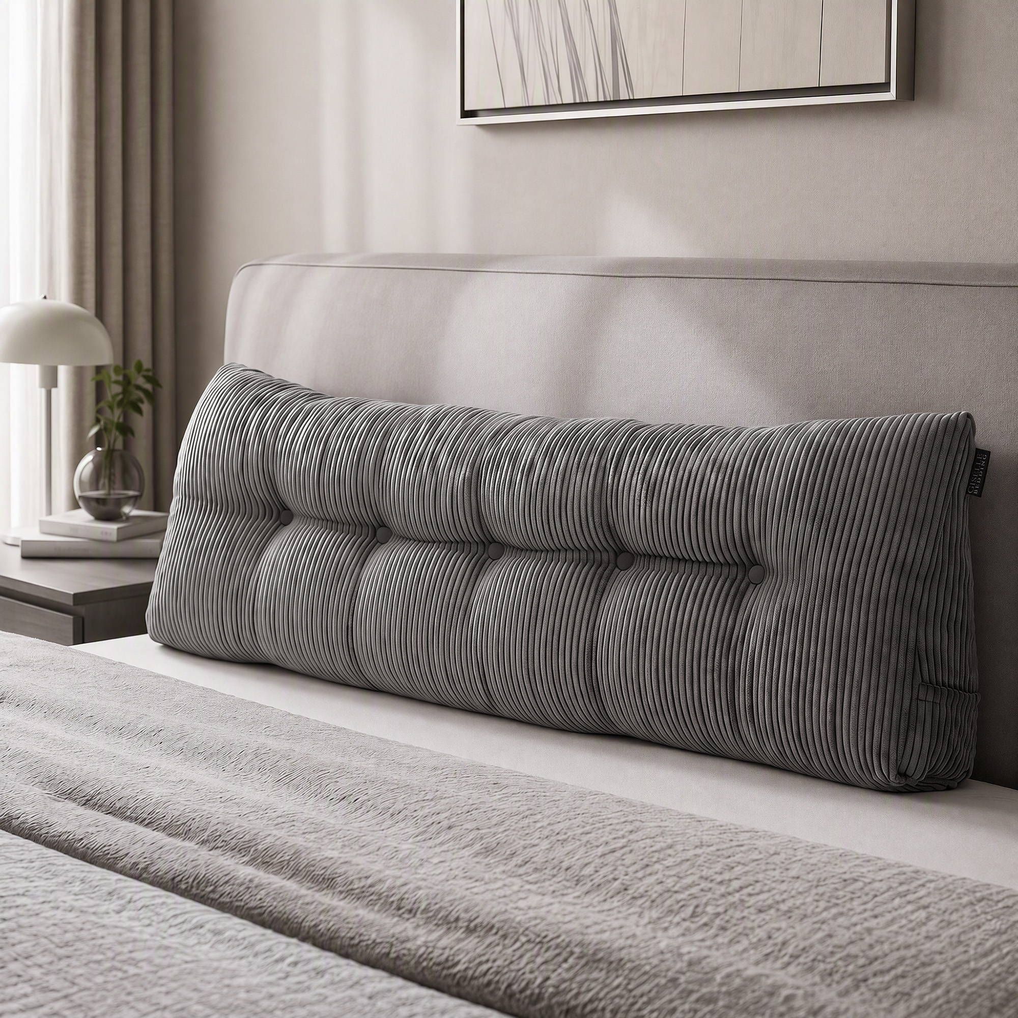 Giselle Headboard Pillow for Sitting in Bed, Upgraded Shredded Foam Reading Wedge Cushion for Lumbar Support, 320g Corduroy Backrest with Side Pockets for Dorm Daybed, Queen