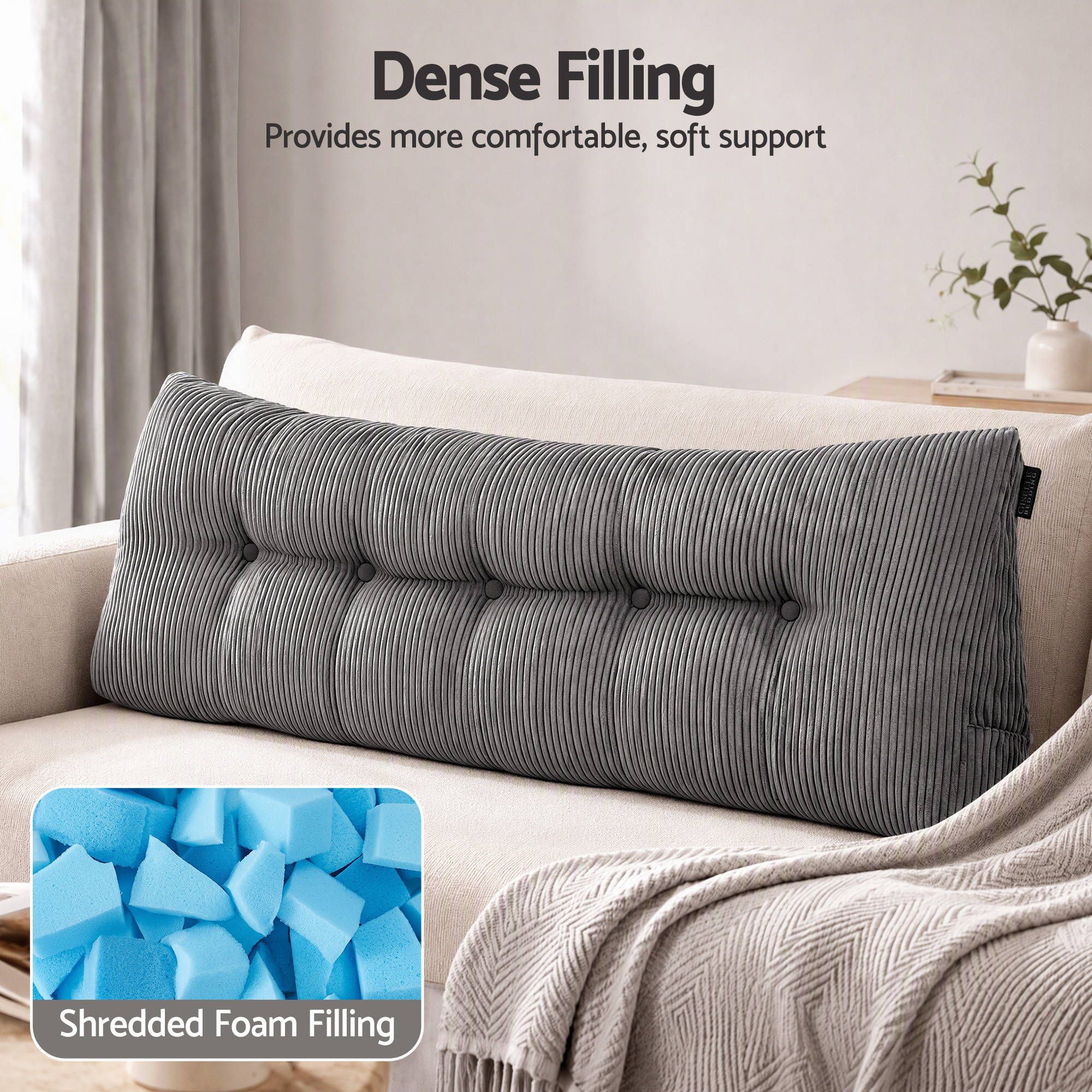 Giselle Headboard Pillow for Sitting in Bed, Upgraded Shredded Foam Reading Wedge Cushion for Lumbar Support, 320g Corduroy Backrest with Side Pockets for Dorm Daybed, Queen