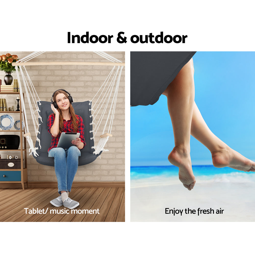 Gardeon Grey Hammock Chair with Armrests and Pillow