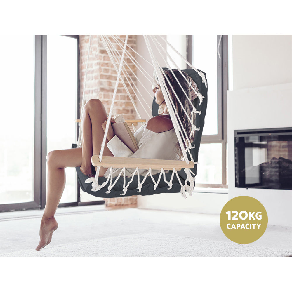 Gardeon Grey Hammock Chair with Armrests and Pillow