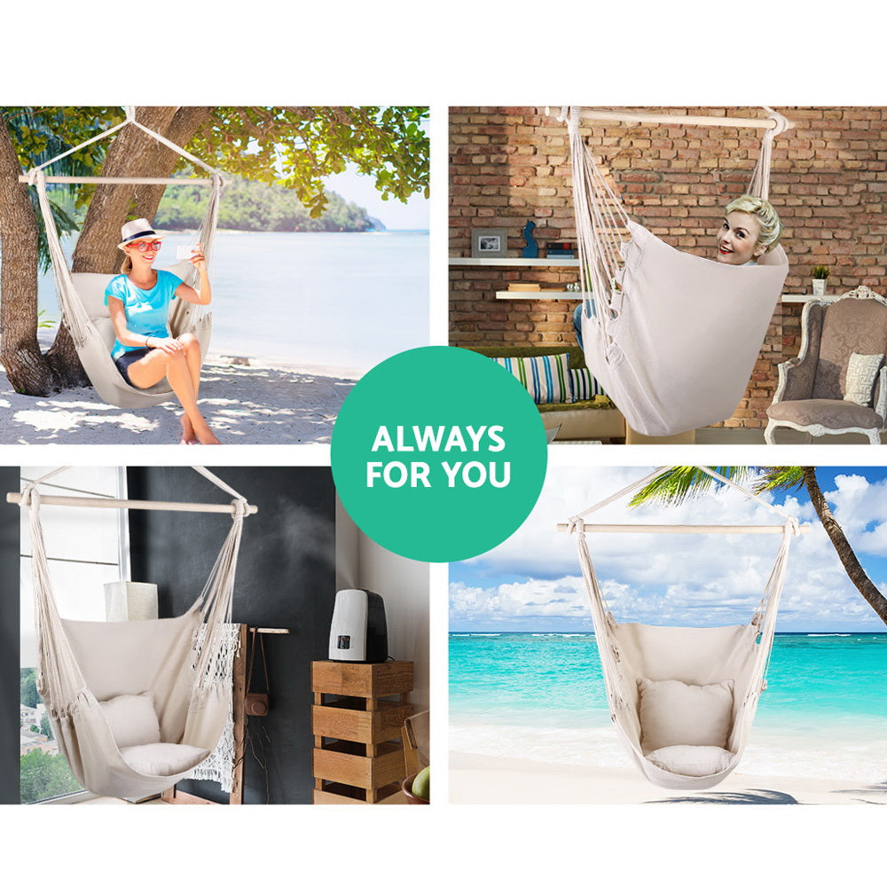 Gardeon Outdoor Hammock Chair Camping Hanging Cream with Cushions