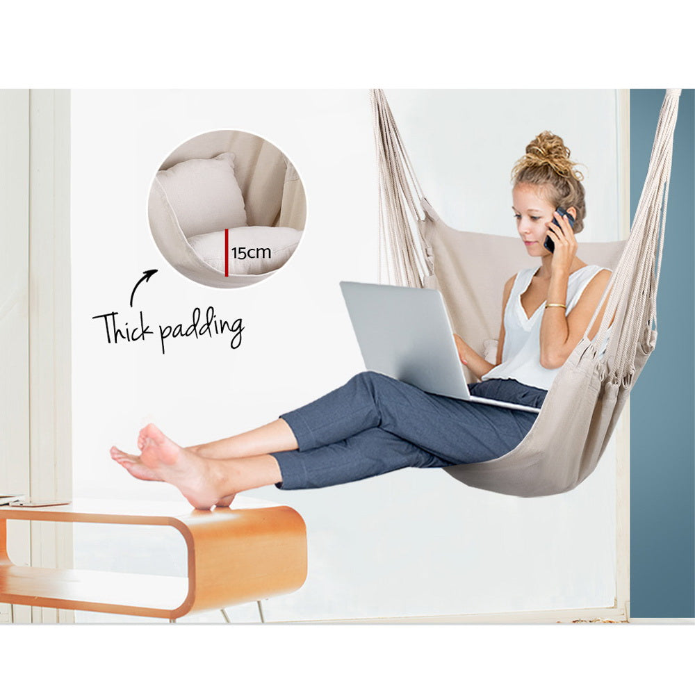 Gardeon Outdoor Hammock Chair Camping Hanging Cream with Cushions