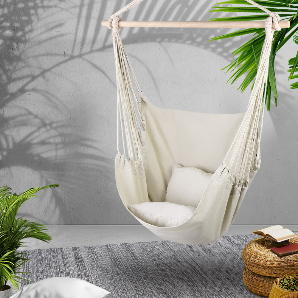Gardeon Outdoor Hammock Chair Camping Hanging Cream with Cushions