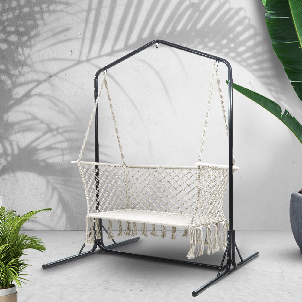 Gardeon Macrame Hammock Chair with Stand 2 Seater Cream