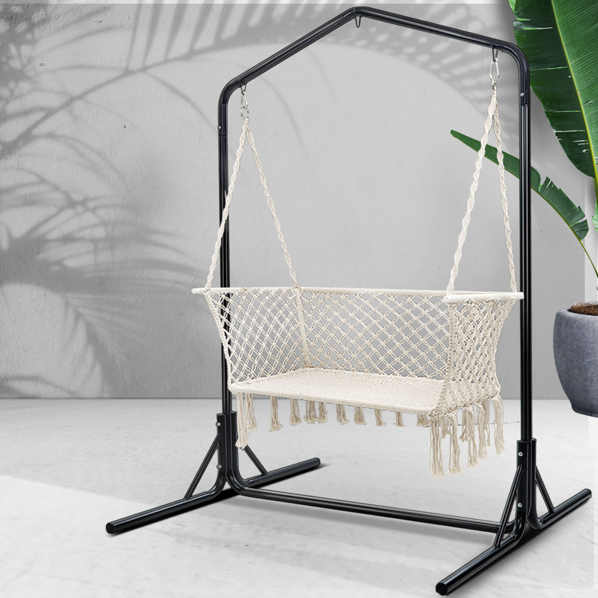 Gardeon Macrame Hammock Chair with Stand 2 Seater Cream