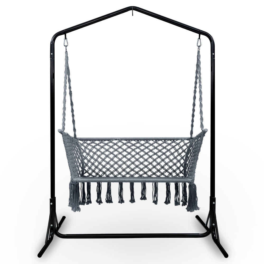Gardeon 2-Seater Hammock Chair with Stand Macrame Grey