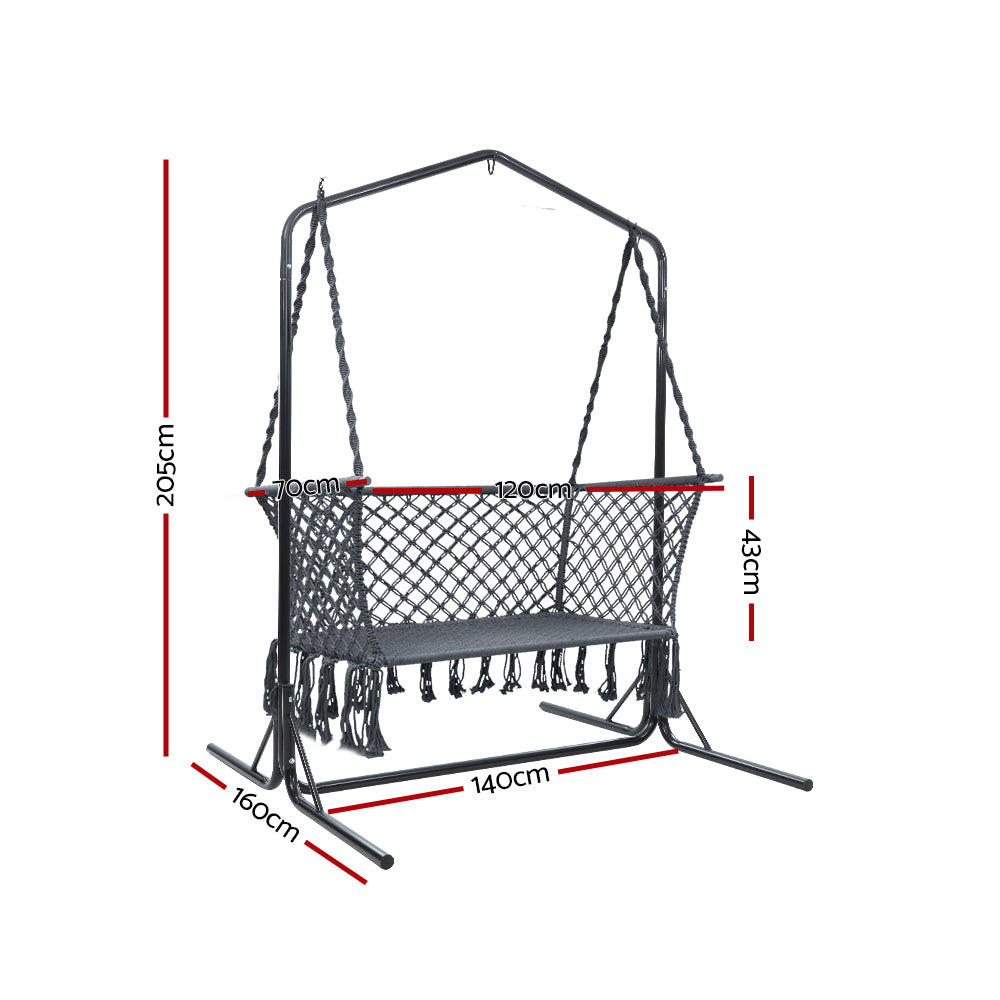 Gardeon 2-Seater Hammock Chair with Stand Macrame Grey