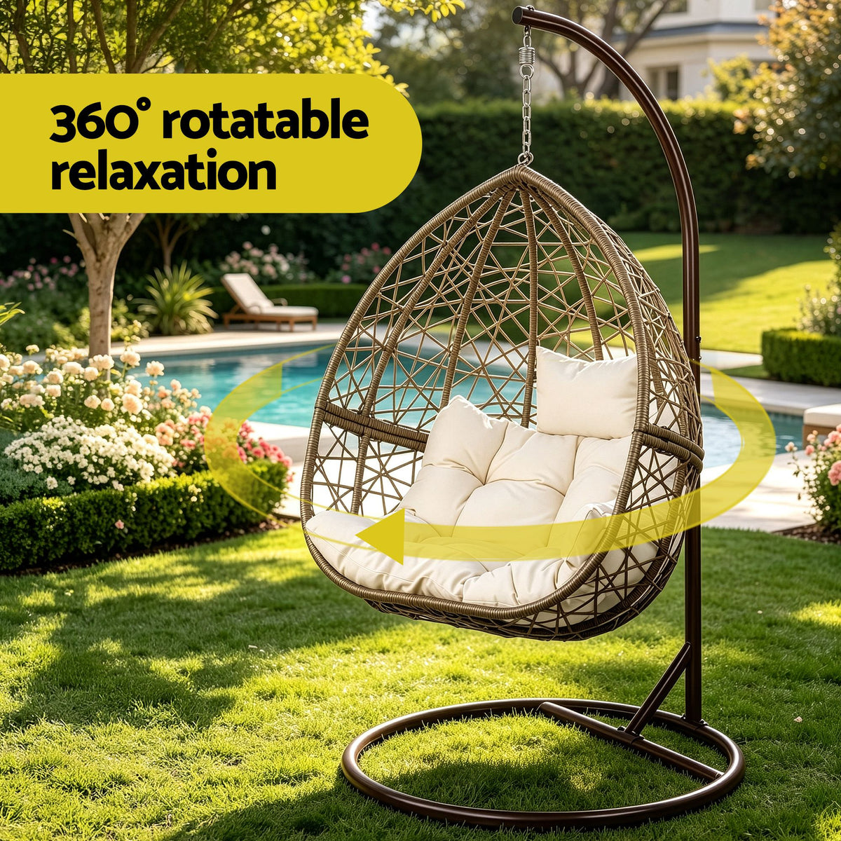 Gardeon Outdoor Egg Swing Chair with Stand Wicker Rattan Latte
