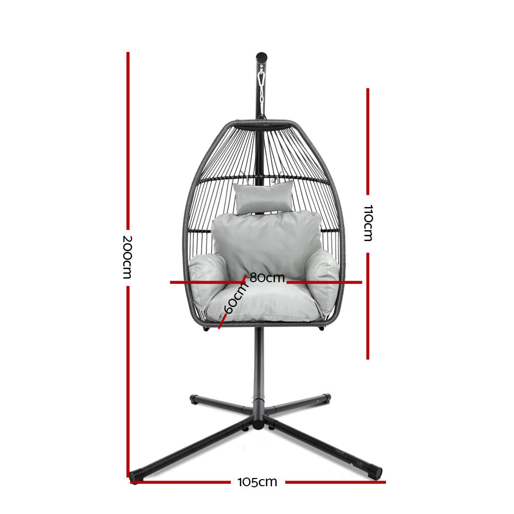 Gardeon Outdoor Egg Swing Chair Wicker Pod Stand Cushion Grey