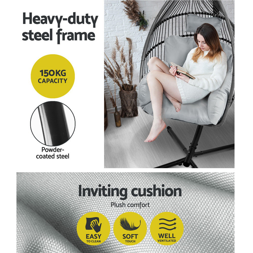 Gardeon Outdoor Egg Swing Chair Wicker Pod Stand Cushion Grey