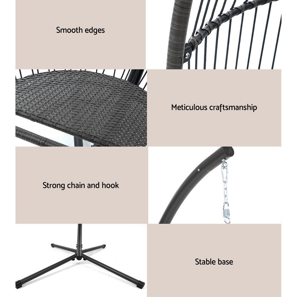 Gardeon Outdoor Egg Swing Chair Wicker Pod Stand Cushion Grey
