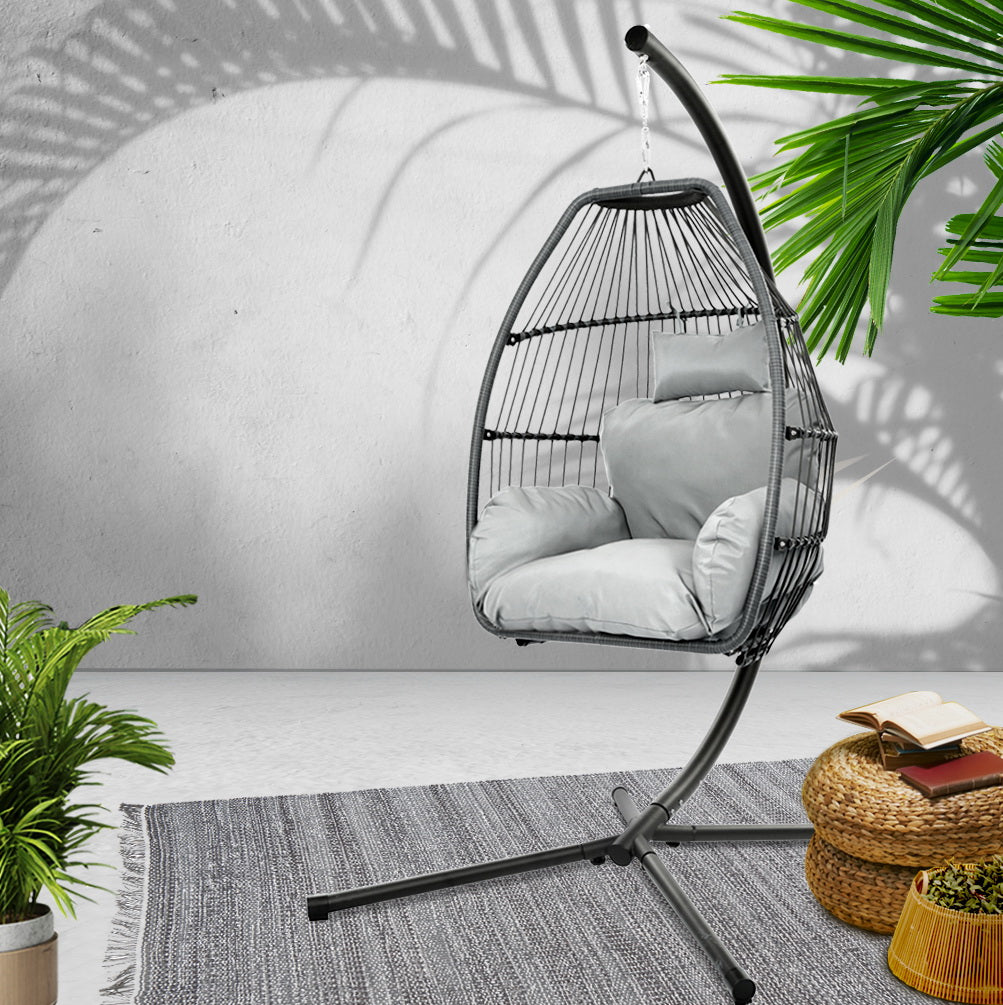 Gardeon Outdoor Egg Swing Chair Wicker Pod Stand Cushion Grey