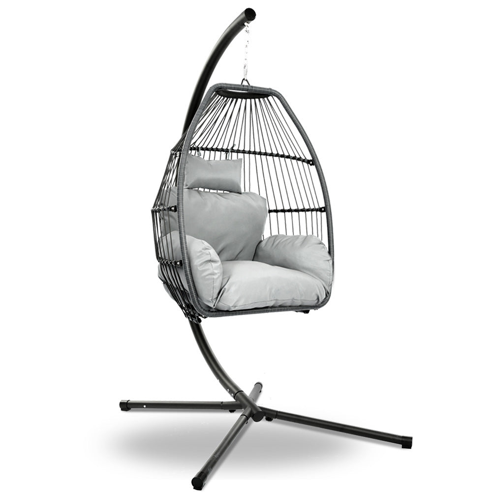 Gardeon Outdoor Egg Swing Chair Wicker Pod Stand Cushion Grey
