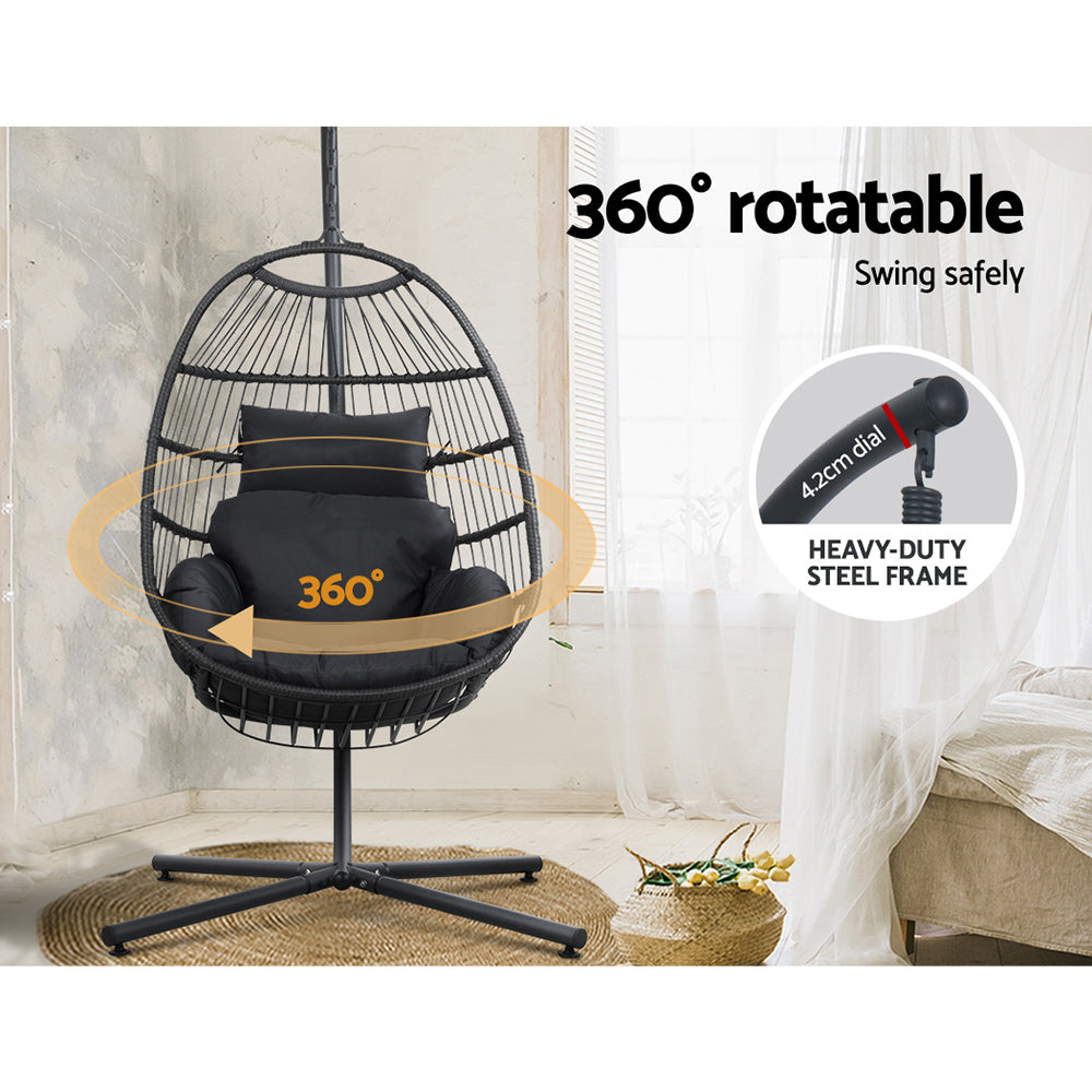 Gardeon Grey Outdoor Egg Swing Chair Wicker Pod Foldable